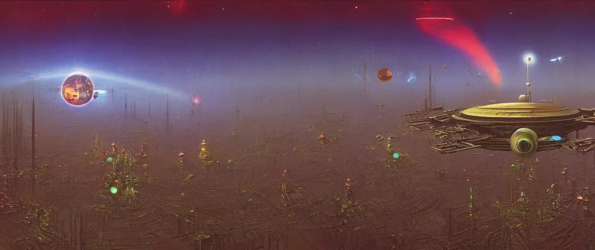 Prompt: a wide shot of a large distant hi-tech sci-fi spaceship from the outside, with a lot of bright color lights, bridges, turrets, pipes, orbiting a gas giant planet, beautiful, volumetric light, photography, color, intricate, extremely detailed, photorealistic, a painting by Beksinski