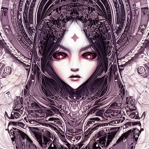 Prompt: demonic consort, heroine, beautiful, detailed symmetrical close - up portrait, intricate complexity, in the style of artgerm and kazuki tanahashi, cel - shaded