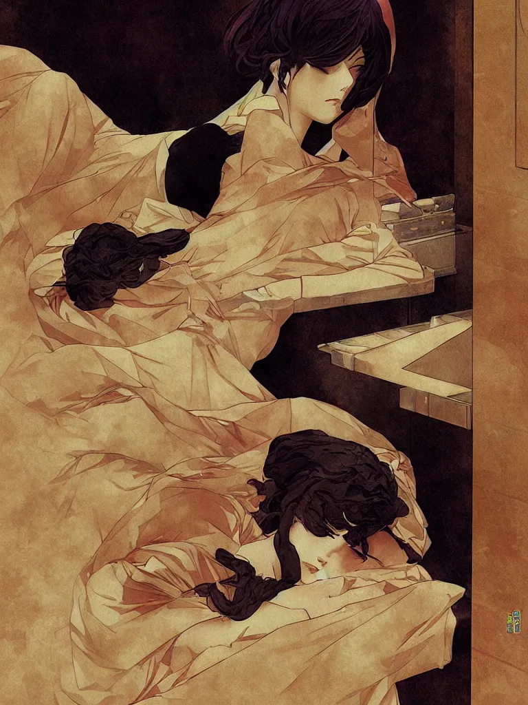 Image similar to glitched anime photo of a woman sleeping in a public bathroom by J. C. Leyendecker and Edmund Blair Leighton and Charlie Bowater, Beksinski painting