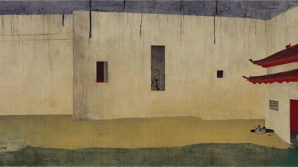 Image similar to a chinese prison near a river by peter doig, muted colors