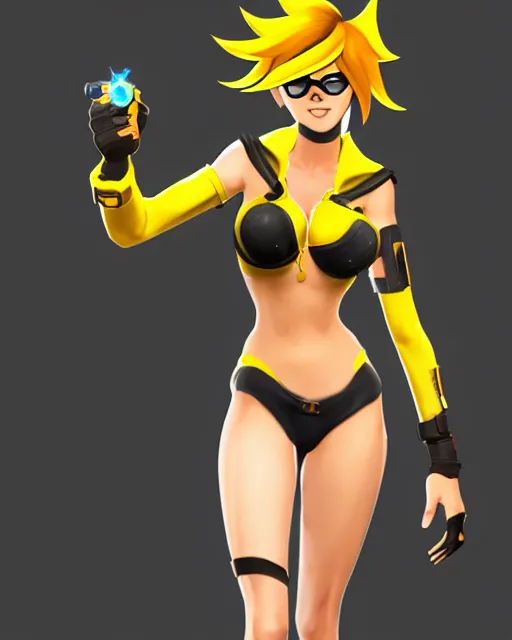 Image similar to tracer game character, in yellow bikini, blonde hair, black eyes, full height