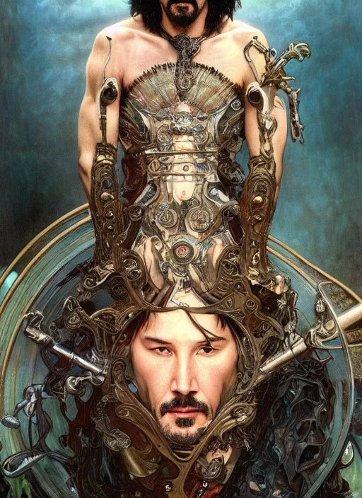 Image similar to Keanu Reeves as God of Beauty, brutal, fantasy, intricate, elegant, highly detailed, digital painting, 4k, HDR, concept art, smooth, sharp focus, illustration, art by alphonse mucha,artgerm, H R Giger