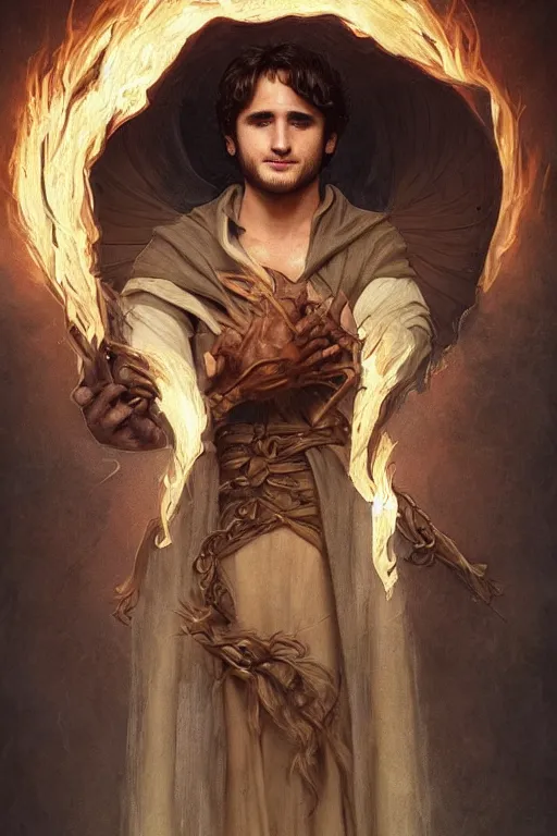 Image similar to Diego Boneta, druid, cleric, flame spell, burning hands, bicpes, muscular, D&D, fantasy, intricate, cinematic lighting, highly detailed, beautiful, digital painting, artstation, masterpiece, concept art, smooth, sharp focus, illustration, art by Artgerm and Greg Rutkowski and Alphonse Mucha and william-Adolphe Bouguereau