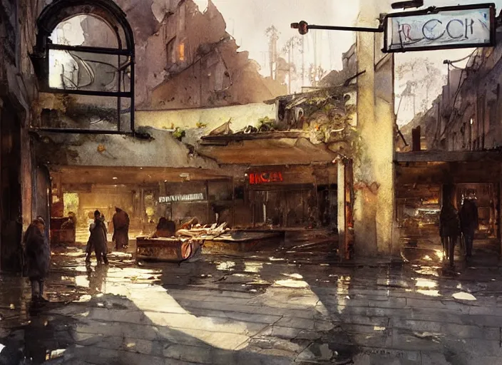 Prompt: watercolor painting of shopping center ruins, old signs, walls, very beautiful lighting, art by anders zorn, wonderful masterpiece by greg rutkowski, cinematic light, american romanticism by greg manchess, creation by tyler edlin