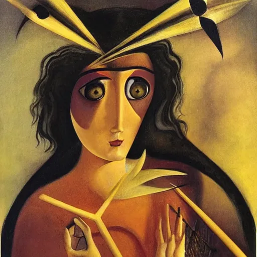 Prompt: In the name of Artemixel, the modern reincarnation of the old selenium god of hunt and moon (Selene), also known as Artemis, carrying the crown of the crescent moon. Golden bow and arrows surround her. And she is crowned by a bright and slightly bluish crescent like the brightness of the night. Portrait by Remedios Varo, oil on canvas