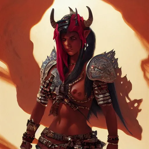 Prompt: portrait of a strong fierce female berber tiefling barbarian with red skin, devil horns and black hair wearing a steel chestplate in a desert, fantasy, highly detailed, digital painting, artstation, concept art, character art, art by greg rutkowski, tyler jacobson, alphonse mucha, ross tran and makoto shinkai