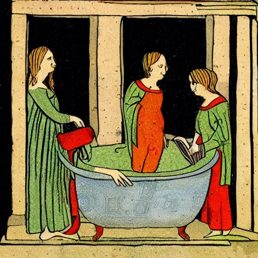 Image similar to person taking a bath medieval book illustration , stunning masterpiece