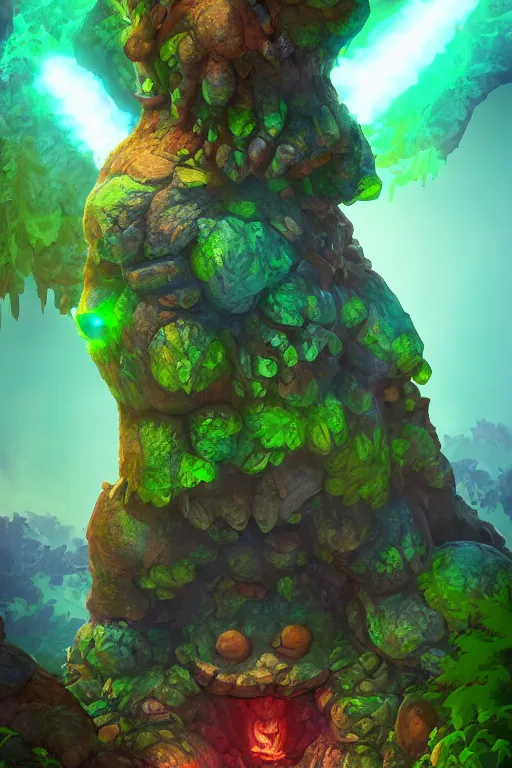 Image similar to arcane fantasy art giant golem elemental wood rock bastion forged gemstone enchanted forest troll, global illumination ray tracing hdr fanart arstation by sung choi and eric pfeiffer and gabriel garza and casper konefal lisa frank zbrush central hardmesh radiating a glowing aura