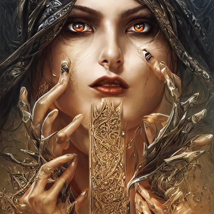 Image similar to a highly detailed symmetrical painting of a sorceress with piercing beautiful eyes, dark tomb setting, dynamic lighting, ambient lighting, deviantart, art by artgerm and karol bak and mark brooks