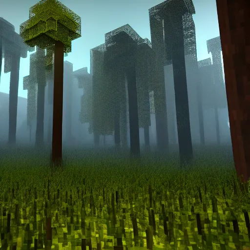 Image similar to atmospheric render of a forest, minecraft, rendered with blender, 4 k, rtx