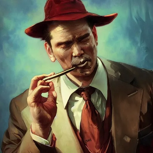 Prompt: A mafia man with a tobacco in his left hand, behind him is a Chinese dragon emanating a red aura of danger art by Craig Mullins, Simon Bisley, Gregory Manchess, Fernanda Suarez, Artem Demura, Alphonse Mucha, Donato Giancola, Jason Felix, Steve Argyle, Tyler Jacobson, Peter Mohrbacher, trending on artstation, digital art