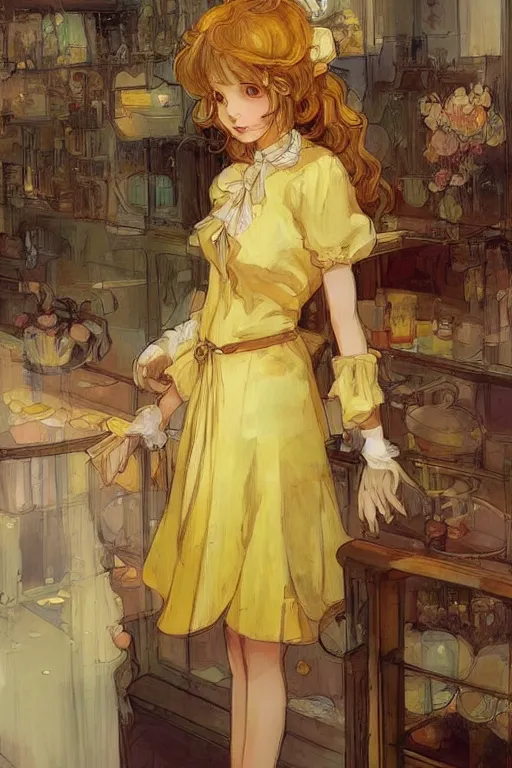 Image similar to A girl in a maid's outfit in a cafe a afternoon, wavy hair yellow theme,S line,45 angel by krenz cushart and mucha and trnyteal