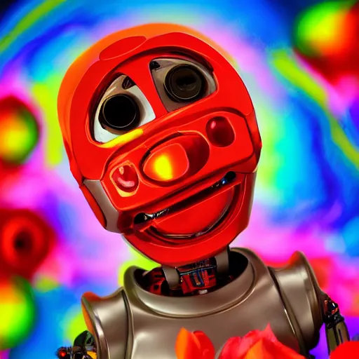 Prompt: a portrait of expressive robot, small, young, cute, large expressive eyes, biped, holding a rose, highly detailed, digital photo, hdri, by christopher bretz and john carpenter, vivid colors, high contrast, 8 k resolution, intricate, photorealistic, smooth, psychedelic color scheme, concept art, award winning, cg society contest winner