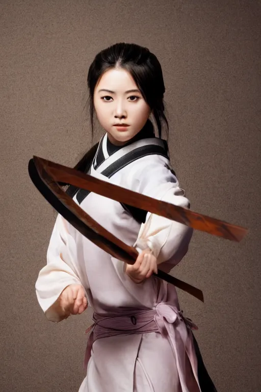 Image similar to highly detailed beautiful photo of a young female samurai, practising sword stances, symmetrical face, beautiful eyes, realistic anime art style, 8 k, award winning photo, pastels, action photography, 1 / 1 2 5 shutter speed, dramatic lighting