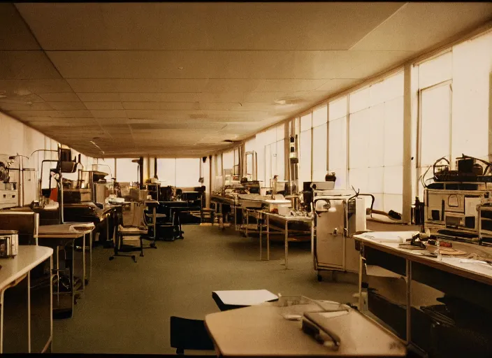 Prompt: a 3 5 mm photo of the interior of a scientific laboratory in the 1 9 5 0 s, bokeh, canon 5 0 mm, cinematic lighting, dramatic, film, photography, golden hour, depth of field, award - winning, 3 5 mm film grain, retro, film, kodachrome