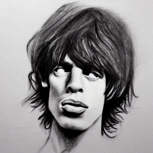 Prompt: rough sketch charcoal portrait of young mick jagger, high contrast, sketchy over grainy paper, trending on instagram