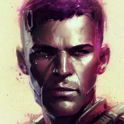 Prompt: portrait of a man by greg rutkowski, a soldier of the galactic dominion, wearing a purple tactical gear, star wars expanded universe, highly detailed portrait, digital painting, artstation, concept art, smooth, sharp foccus ilustration, artstation hq