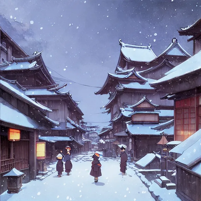 Image similar to japanese rural town, winter, in the style of studio ghibli, j. c. leyendecker, greg rutkowski, artem