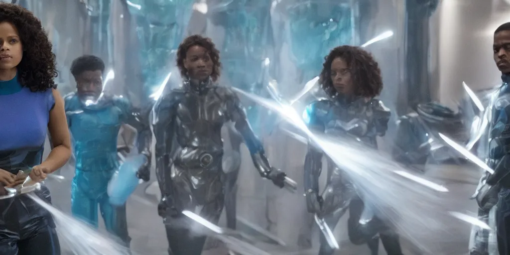 Image similar to wide angle movie stills of gugu mbatha - raw as sue storm in fantastic four movie using her iridescent particles force field powers while battling doctor doom, and an army of shapeshifter lizard like humanoids called the skrulls