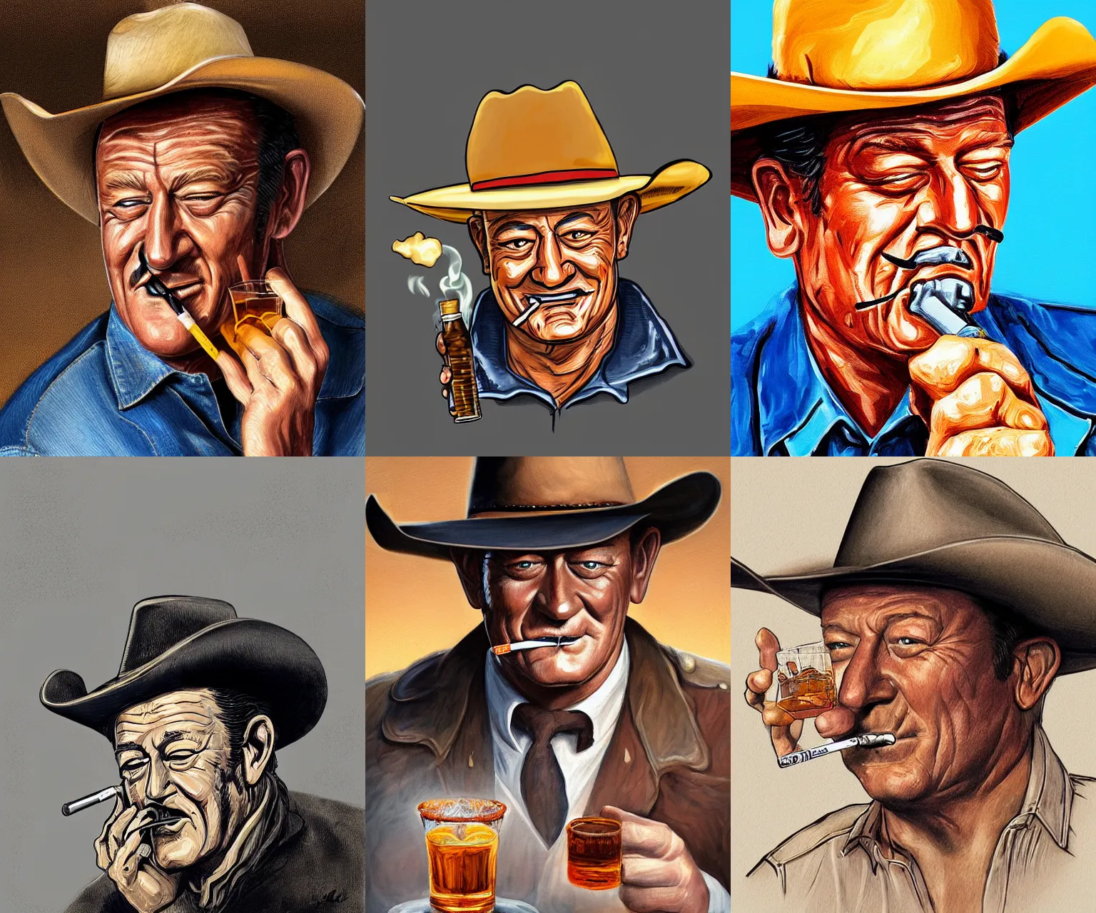 Prompt: Digital painting of a cigarette in mouth wearing a cowboy hat John Wayne with stubble beard drinking a shot of whiskey, in the style of Jean Giraud