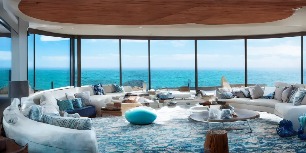 Image similar to A modern hi tech living room in a ocean hues style next to a big terrace overlooking the ocean, a luxurious wooden coffee table with large seashells on top in the center, inspired by the ocean, calm, relaxed style, harmony, wide angle shot, 8k resolution, ultra detailed