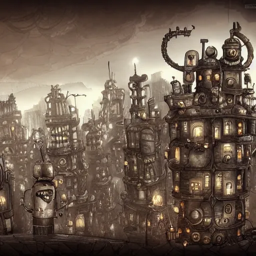 Image similar to machinarium city, steampunk style, fantasy style, super high detail, super high quality, talented artist, trending on artstation