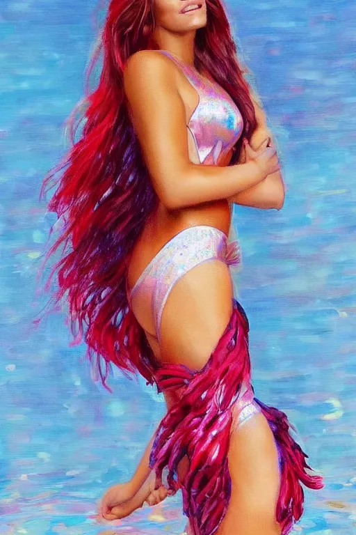 Prompt: beautiful elegant full body portrait of lexi rivera with color streaks in hair and wearing a sparkling cherry color one piece swimsuit and iridescent white silk cape, nina agdal, wlop, artgerm, artstation, backlit, water, reflective