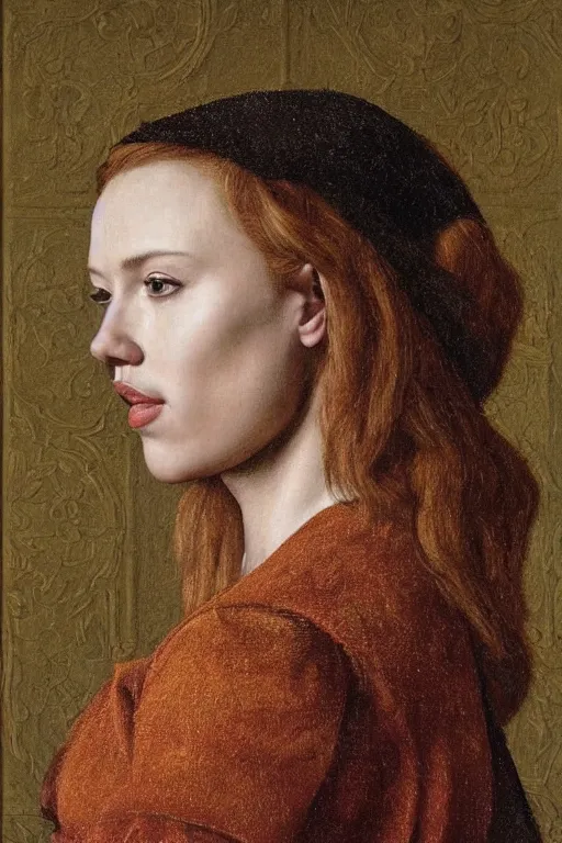 Image similar to portrait of scarlett johansson, oil painting by jan van eyck, by hans holbein, northern renaissance art, old masters, alla prima, realistic, expressive emotions, intricate textures, illusionistic detail, masterpiece