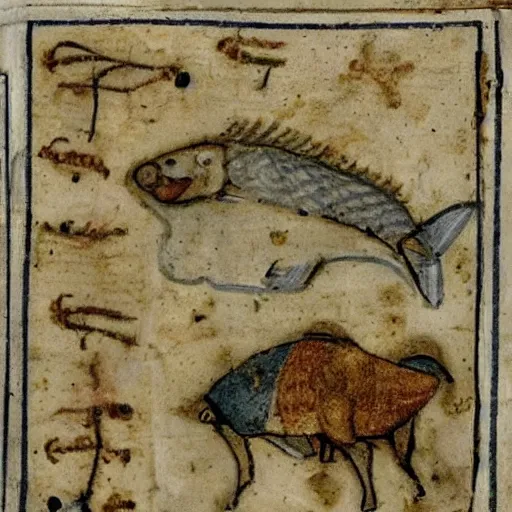 Prompt: a bad drawed cow mix of a seafish in a medieval manuscript, medieval manuscript, golden miniatures