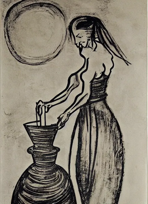 Prompt: abstract stylized charcoal drawing of a woman working on a tall vase at a pottery wheel, da vinci, van gogh, miro, vermeer