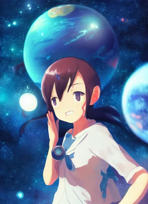 Image similar to a gigantic anime girl in outer space holding one single small blue planet in the palm of her hand. Anime, Makoto Shinkai, empty space, no planets, trending on ArtStation, digital art.