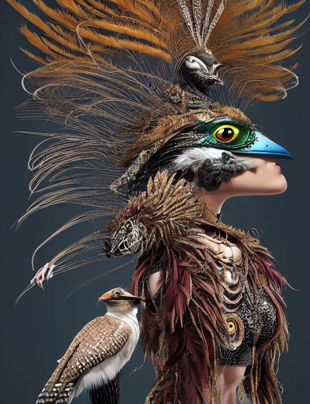 Image similar to 3 d goddess wide angle portrait with feathers, fur, and bones. beautiful intricately detailed kookaburra mask and retrowave sorceress outfit. lizard scales, reflective chitin, optical mineralogy, songlines, plasma, creature, artwork by tooth wu and android jones wlop and android jones and beeple and greg rutkowski