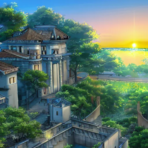 Image similar to anime digital art view from castle balcony sunset