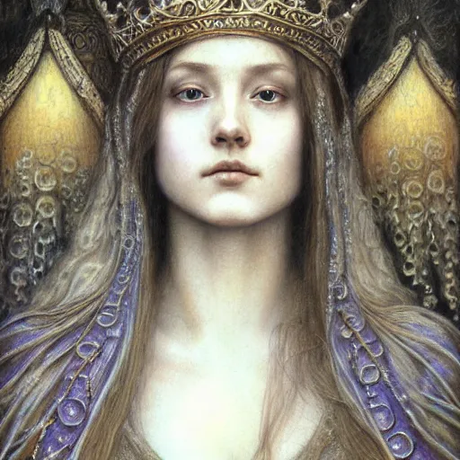 Prompt: detailed realistic beautiful young medieval queen face portrait by jean delville, brooke shaden, gustave dore and marco mazzoni, art nouveau, symbolist, visionary, gothic, pre - raphaelite, ornate gilded medieval icon, surreality