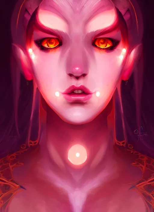 Image similar to symmetry!! portrait!! of a female character girl demon, fantasy, tech style, glowing lights!! intricate, elegant, highly detailed, digital painting, artstation, concept art, smooth, sharp focus, illustration, art by ekaterina bek - nazarova and zach sharts