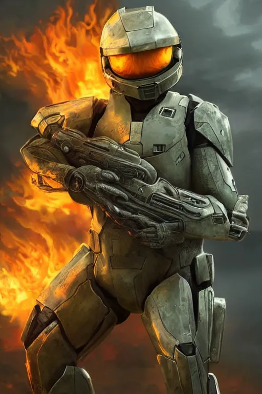 Image similar to charmander playing as master chief, oil on canvas, intricate, 8 k highly professionally detailed, hdr, cgsociety