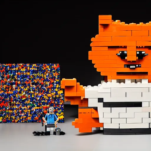 Image similar to 1 0, 0 0 0 piece lego sculpture by a master builder of a smiling orange cat with a big head and white face walking upright, scratch. mit. edu, product photography, studio lighting