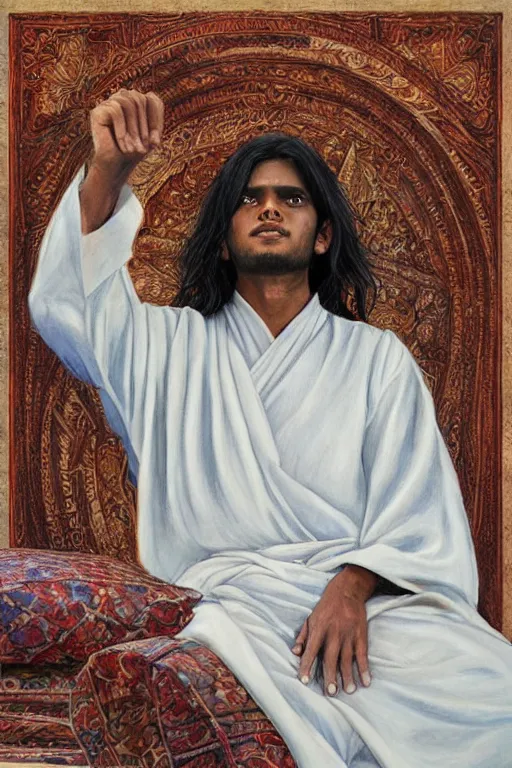 Image similar to sri lankan boy with long hair in white robes, art by Giancola, Donato