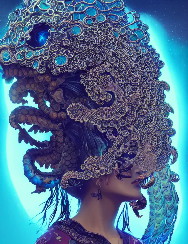 Image similar to 3 d goddess close - up profile solarpunk portrait ram skull. beautiful intricately detailed japanese crow kitsune mask and clasical japanese kimono. betta fish, jellyfish phoenix, bio luminescent, plasma, ice, water, wind, creature, artwork by tooth wu and wlop and beeple and greg rutkowski