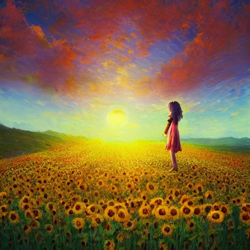 Image similar to girl with a sunflower face, surreal photography, bizzare, dreamlike, otherworldly, standing in flower field, in a valley, sunrise dramatic light, impressionistic painting, colorful clouds, artstation, simon stalenhag