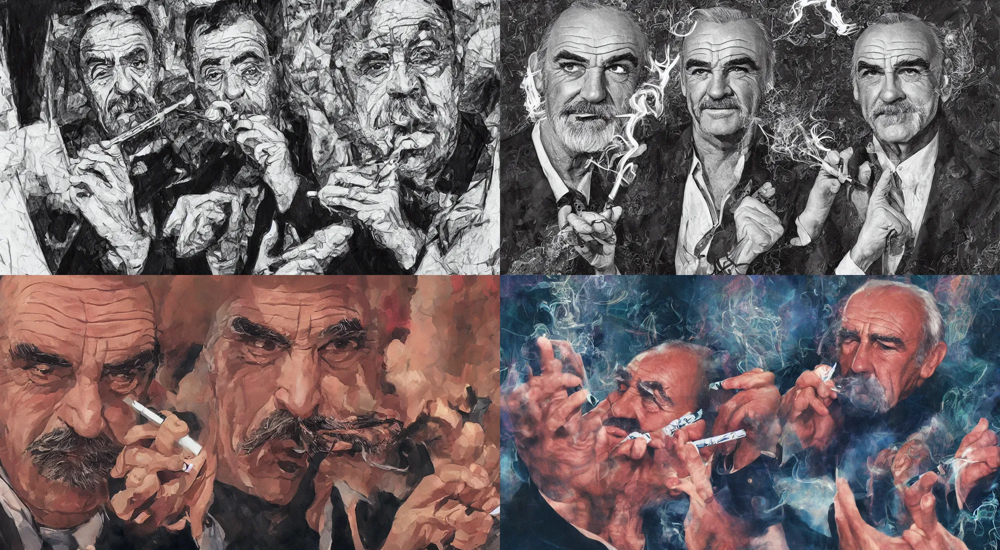 Prompt: Sean Connery smoking a joint the background is lysergic chaos in the style of Alex Gray, trending on artstation, artstationHQ,artstationHD, 8k