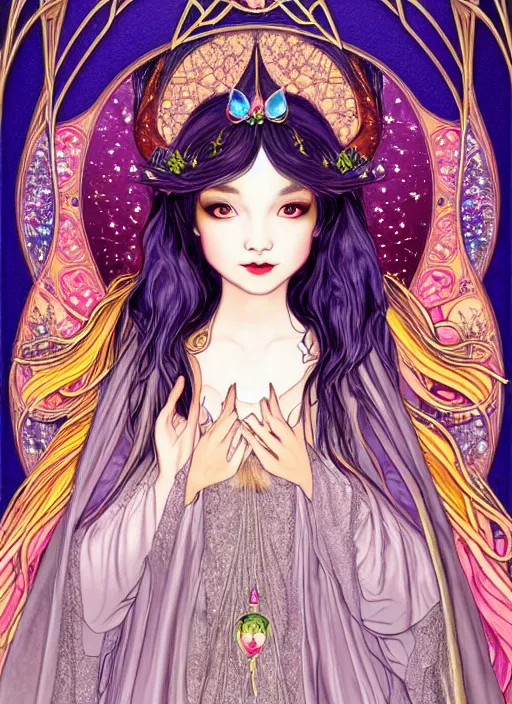 Prompt: fantastic portrait of a beautiftul witch pray with some shinny star, cloak, royally decorated crystal gemstones, symmetrical face, art nouveau, portrait, cute, fairy, by mai yoneyama, detailed background, artstation, intricate, elegant, highly detailed, colorful, maximalist