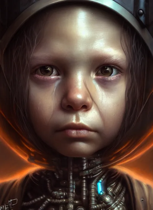 Prompt: closeup portrait shot of a cyberpunk child in a scenic dystopian environment, intricate, elegant, highly detailed, centered, digital painting, artstation, concept art, smooth, sharp focus, illustration, artgerm, tomasz alen kopera, peter mohrbacher, donato giancola, joseph christian leyendecker, wlop, boris vallejo