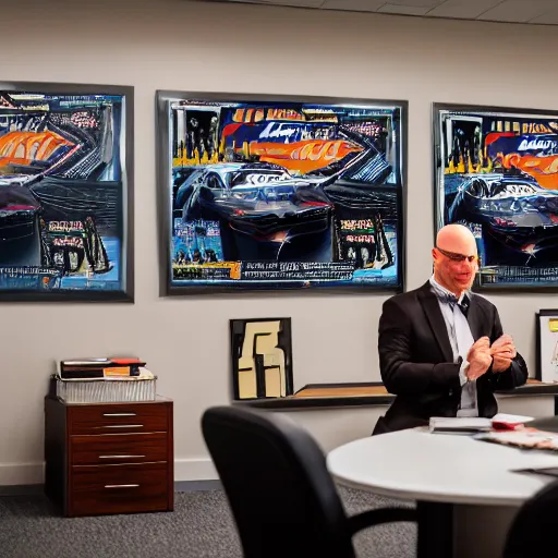 Image similar to cinematic shot of a bald white guy wearing a suit sitting in an office with NASCAR posters portraying Dale Earnhardt Jr covering the walls of the room, 8k, very intricate, very detailed,