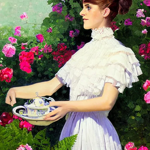 Image similar to painting hanging on wall full body fashion model emma watson by Winslow Homer smokey eyes makeup eye shadow fantasy, glow, shimmer as victorian woman in a long white frilly lace dress and a large white hat having tea in a sunroom filled with flowers, roses and lush fern flowers ,intricate, night, highly detailed, dramatic lighting , high quality