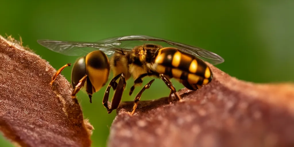 Prompt: Macro shot of a hornet, green, mutant, radioactive, national geographic, award winning, shallow depth of field