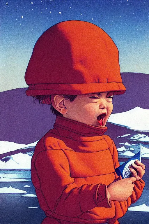 Prompt: a closeup portrait of a child sucking a blotter paper of lsd acid and dreaming psychedelic hallucinations in the vast icy landscape of antarctica, by kawase hasui, moebius and edward hopper, colorful flat surreal design, hd, 8 k, artstation