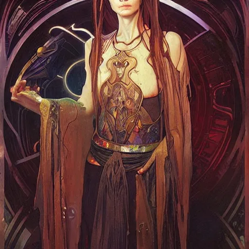 Prompt: an acrylic on canvas painting of a beautiful alien priestess by Greg Rutkowski, artgem and Alphonse Mucha. Epic fantasy art.