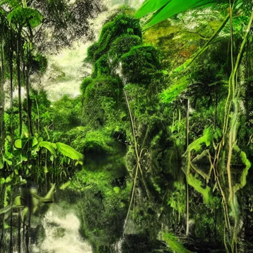 Image similar to magical trees and the amazon river in the amazon rainforest by anderson debernardi and pablo amaringo