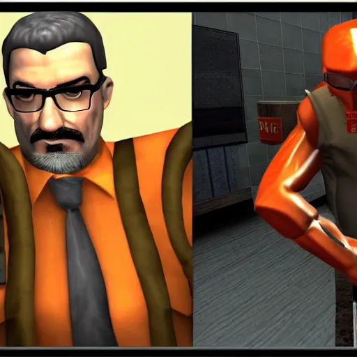 Prompt: the postal dude from postal 2 vs gordon freeman from half life fight